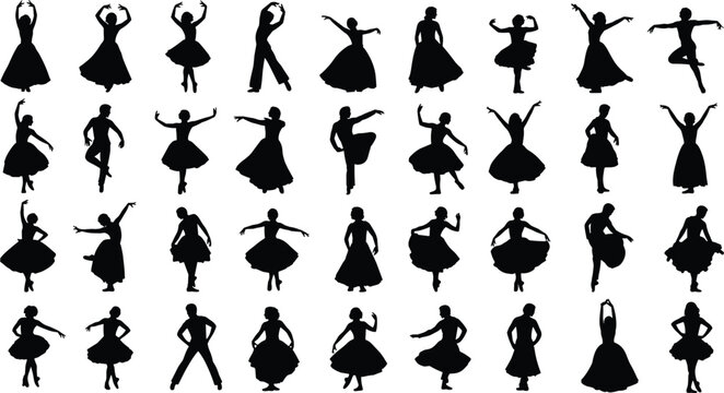 Set of black dancer silhouettes featuring various ballet ballroom and contemporary dance poses for artistic performance and stage theater design icons