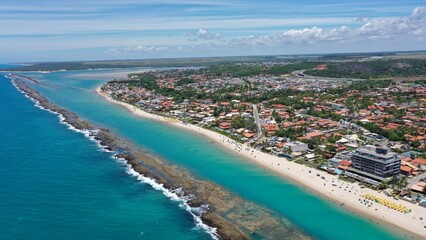 Fantastic aerial view of Barra de Sao Miguel beach on a sunny summer day in February 2026 near Maceio City. Alagoas State, Brazil 