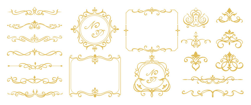 Luxury gold vintage invitation element vector set. Ornamental curls, dividers, Border design and golden components design for wedding invite, menus, certificates, boutiques, spa and logo design.