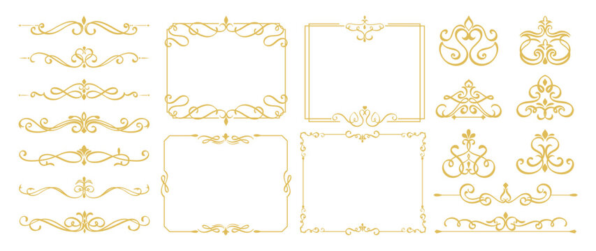 Luxury gold vintage invitation elements vector set. Ornamental curls, dividers, Border design and golden components design for wedding invite, menus, certificates, boutiques, spa and logo design.