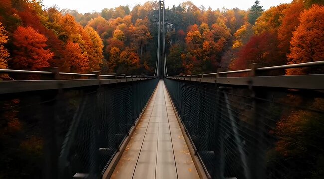A long, narrow pedestrian suspension bridge stretches majestically into the distant horizon, flanked on both sides by a dense, stunning forest ablaze with vibrant orange and red autumn foliage.