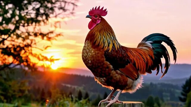 Majestic rooster standing proudly on rustic fence at sunrise