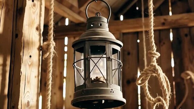 Vintage lantern hanging from rustic wooden structure with ropes