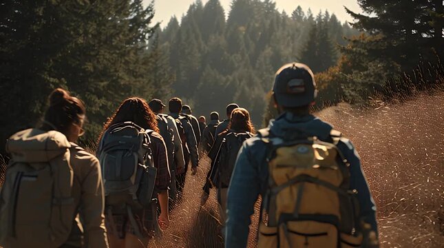 Group of Hikers Walking Through Forest Trail.
