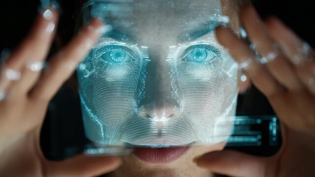 Closeup woman's face with glowing digital patterns, suggesting biometric scanning, cyber innovation. Scene evokes themes future tech, AI, human computer interaction in modern context