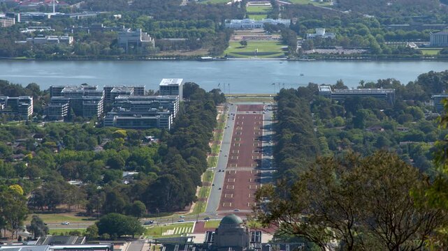 Aerial View of Canberra Cityscape and Lake Burley Griffin from Mount Ainslie