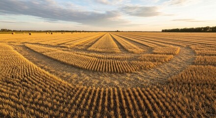 Golden wheat field after harvest with patterns and hay bales at sunset