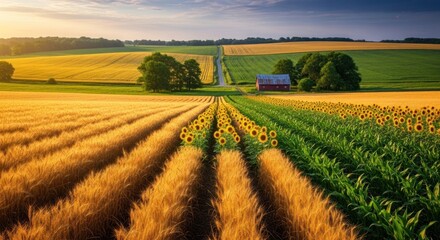 Naklejka premium Golden Wheat Field and Sunflower Rows at Sunset, Rural Farm Landscape