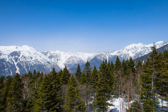 Snow-covered mountains scenery of the The Northern Japanese Alps in the Japan Alps of Japan