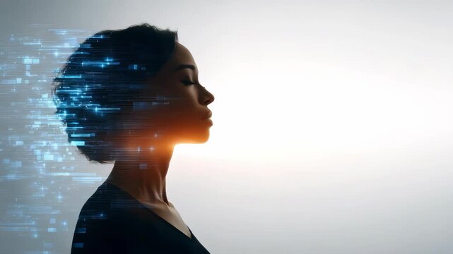 A silhouette of a woman&rsquo;s profile blends seamlessly with abstract digital elements, representing AI and innovation. The image conveys the synergy of humanity and advanced technology