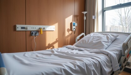 Empty hospital bed with white sheets in a sunlit patient room by a large window.