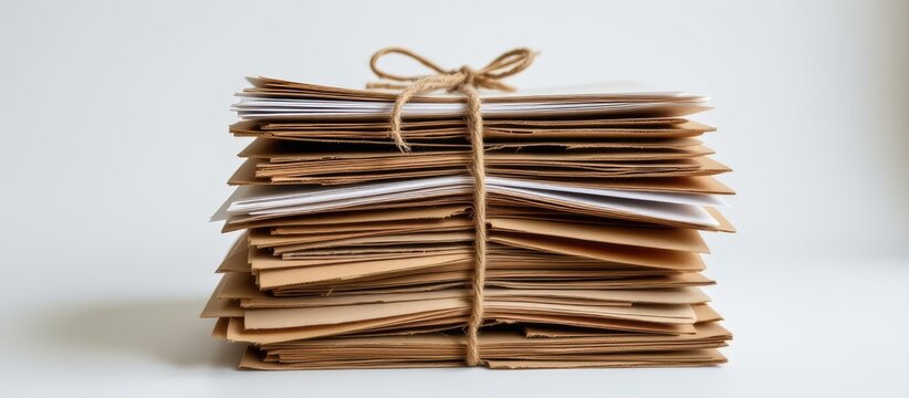 Stack of old envelopes tied with string on a light background.