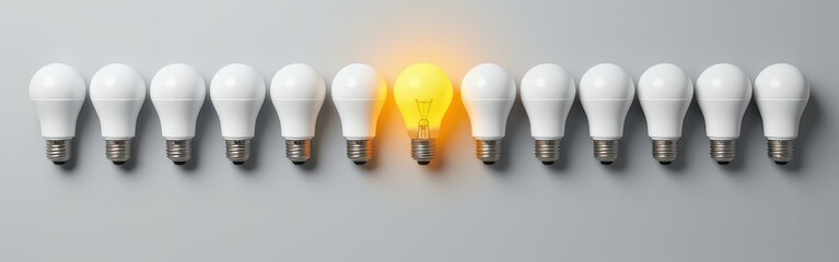One glowing light bulb stands out among a row of unlit bulbs on a gray surface.