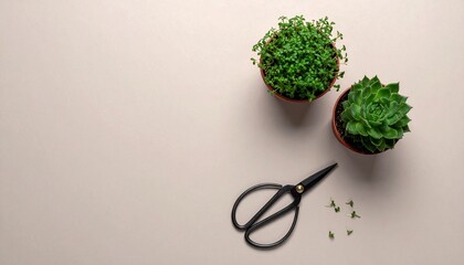 マットなウォームグレー背景に小さな鉢植えハーブと剪定ばさみを一角に非対称で配置したフラットレイ構図。
トップビューで大きなネガティブスペースを確保した上品なミニマルフラットデザイン。
落ち着いた色調と自然光を感じる柔らかなトーンで洗練された春の雰囲気を演出。