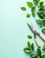 マットなソフトミント背景に小さなグリーンの葉と園芸はさみを右上に配置したフラットレイ構図。
トップビューで広い余白を確保したミニマルなフラットデザインのベクターイラスト。
自然光を感じる明るいトーンで影は控えめなクリーンスタイル。