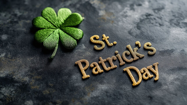 St. Patrick's Day in embroidered lettering with a four-leaf clover, on a gray background
