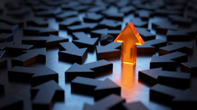 Bright orange arrow stands out from a crowd of dark arrows pointing in different directions