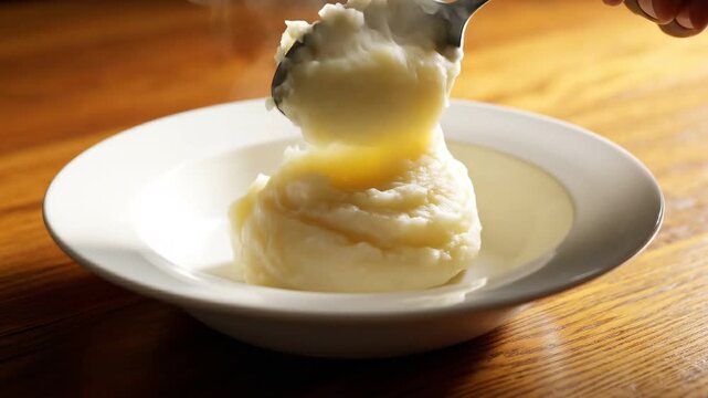 Mashed Potatoes Being Served onto a Plate Cinematic Shot Slow Motion Food