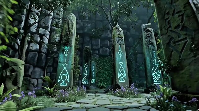 Ancient Stone Pillars with Glowing Runes in Enchanted Fantasy Forest