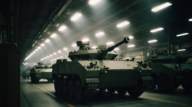 Military tanks lined up in a vast industrial factory production hall