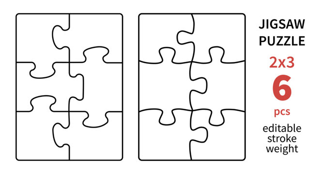 Cutting lines grid design for kids jigsaw puzzle. Jigsaw puzzle blank template. 6 pieces. Editable stroke weight. Vector illustration set.