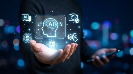 Fototapeta premium Human hand displaying glowing artificial intelligence icons, representing digital innovation and machine learning technology.