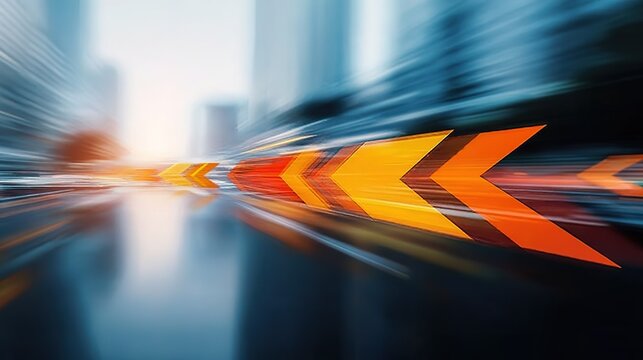 Dynamic motion blur background with orange and yellow arrows representing speed and forward movement in business growth, blurred cityscape fast progress digital illustration