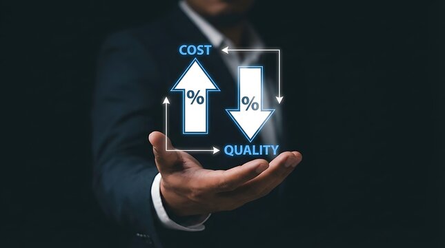 Businessman balancing upward cost trends against desired downward quality percentage changes