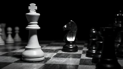 Dramatic close-up of a white chess king confronting a dark knight piece on a board.