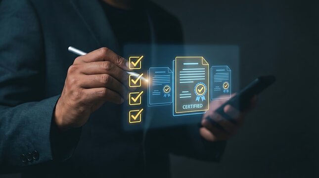 Professional is digitally verifying completion of certification requirements using a stylus and glowing interface