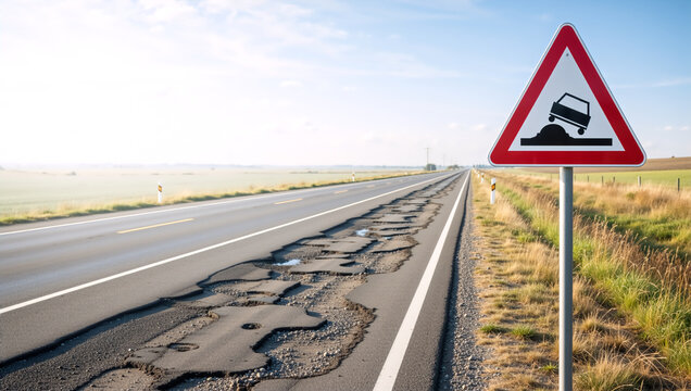 Severely damaged road with deep potholes and bumpy road sign. Broken asphalt highway in rural landscape. Infrastructure maintenance concept