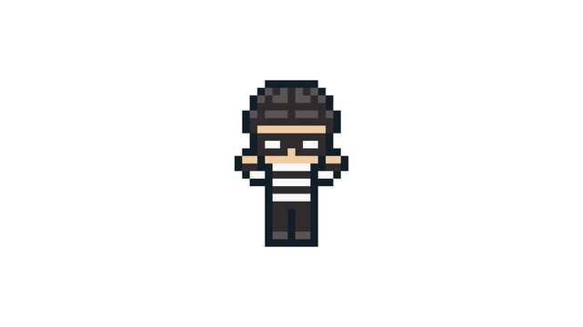 8-bit pixel art masked thief get arrested. looped animation 4k 30fps