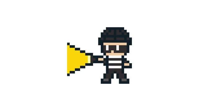 8-bit pixel art masked thief shines a light. looped animation 4k 30fps