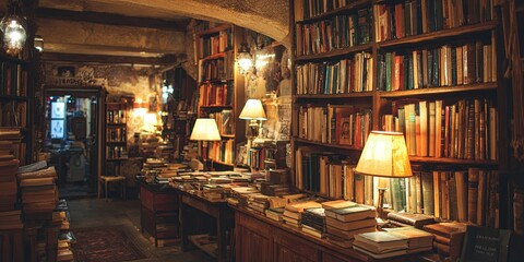 Fototapeta premium Interior of an old, quaint bookstore, shelves packed with books, soft warm lamps, cozy and intellectual atmosphere, detailed composition.