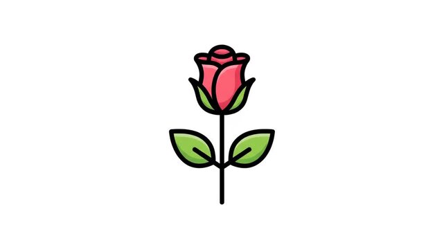 A simple, cartoon-style depiction of a rose with a pink bloom, green leaves, and a black stem, against a white background