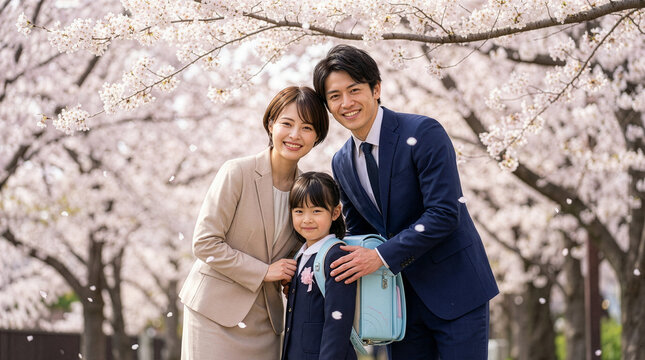 満開の桜の中で子供の小学校入学式で笑顔の家族