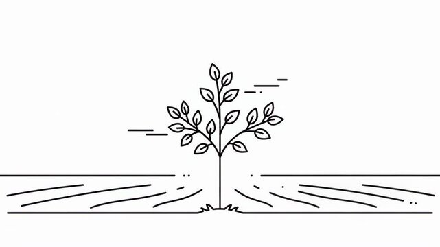 Minimalist line art depicting a small leafy plant rooted in a textured ground patch with horizontal lines above and below