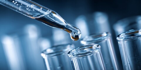 Close-Up of a Dropper Delivering Liquid into Glass Test Tubes on a Blue Background in a Laboratory Setting for Scientific Research and Experimentation