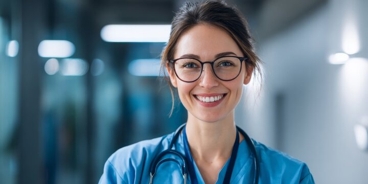 Smiling female doctor with eyeglasses and stethoscope in hospital corridor, representing healthcare professionals and patient care in modern medicine settings
