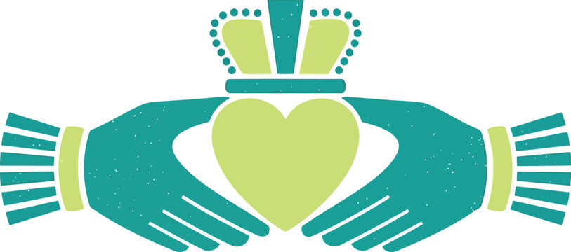 Claddagh Symbol with Crowned Heart and Hands in Green Vector Illustration for Irish Heritage Designs
