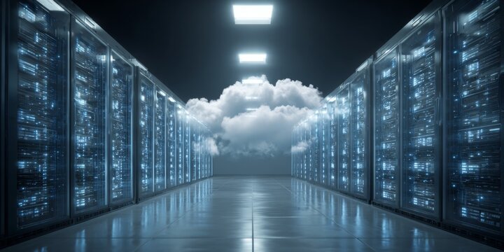 Digital data center with servers and cloud computing concept in futuristic technology environment showcasing seamless storage and information flow