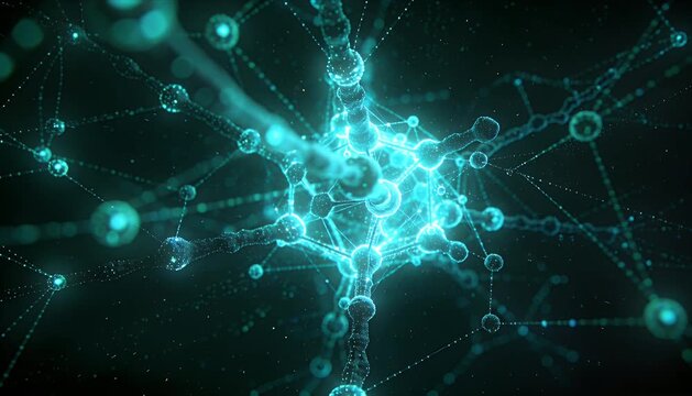 Glowing teal deep learning neural network connection artificial intelligence digital neuron data link quantum concept matrix pattern science fiction cyberspace technology innovation neural network