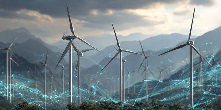 Wind Turbines Generating Renewable Energy in Scenic Mountain Landscape with Digital Data Flow Indicating Sustainable Technology and Future Innovation