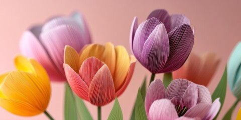 Fototapeta premium Vibrant paper flowers in various colors with delicate petals showcasing unique textures against a soft pastel background creating a joyful atmosphere