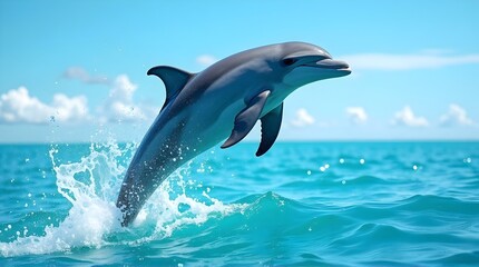A graceful bottlenose dolphin majestically leaps high out of the sparkling turquoise ocean water, creating a dynamic splash on a beautiful sunny day in the wild.