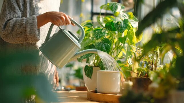 A person nurtures thriving indoor plants by watering them in a bright, sun drenched room filled with greenery. The tranquil setting highlights the beauty and care of modern home gardening trends
