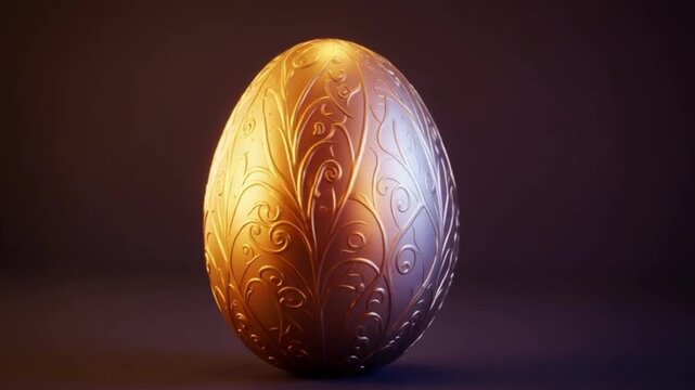 A video showcasing a beautifully lit golden egg with intricate patterns on a dark background