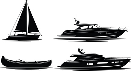 Set of black silhouette boat icons including luxury motor yacht sailing boat and traditional canoe isolated on white background for marine design and transport © SHAPLAKHATUN