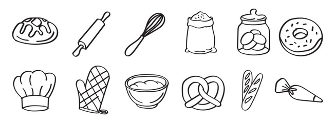 Bakery and Kitchen Line Art Icon Set Hand Drawn Style