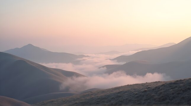 Serene pastel colored mountain landscape stretches into the distance with soft valley fog illuminated by the early morning golden hour sunlight